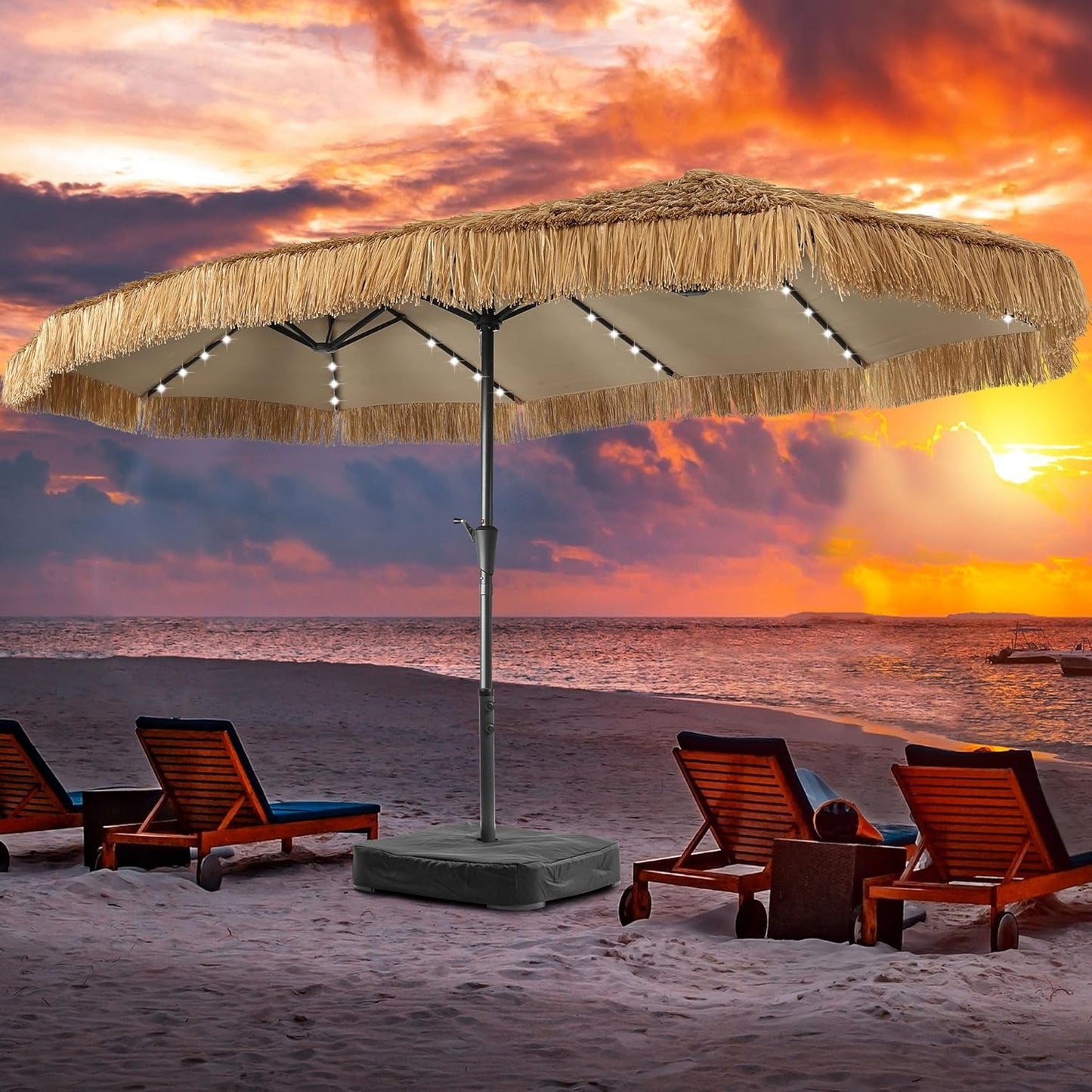 15FT Thatch Umbrella Tiki Bench umbrella With Base&Solar Lights, Sunshade Umbrella with Water-resistant for Bench, Patio,Pool