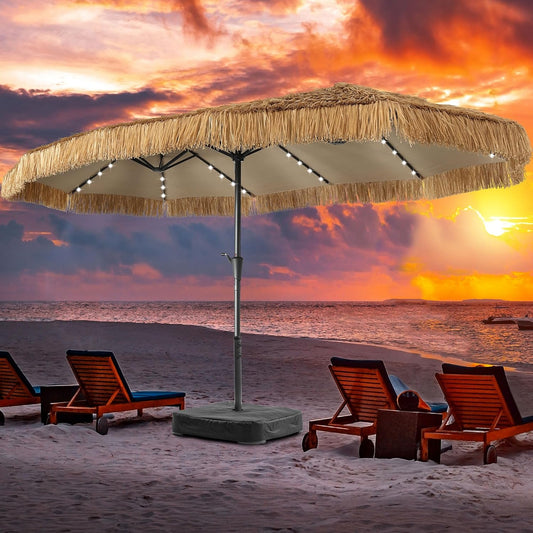 15FT Thatch Umbrella Tiki Bench umbrella With Base&Solar Lights, Sunshade Umbrella with Water-resistant for Bench, Patio,Pool