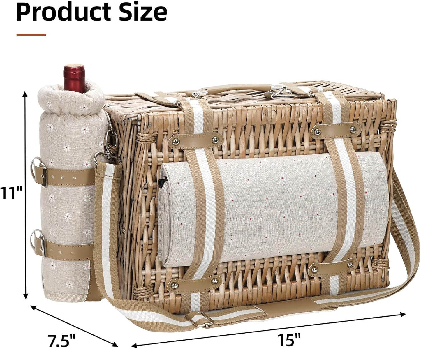 G GOOD GAIN Picnic Basket for 2-19Pcs Wicker Picnic Set with Waterproof Blanket & Wine Bag| Large Picnic Hamper with Insulated Cooler & Cutlery Kit for Couples Camping,White Flower