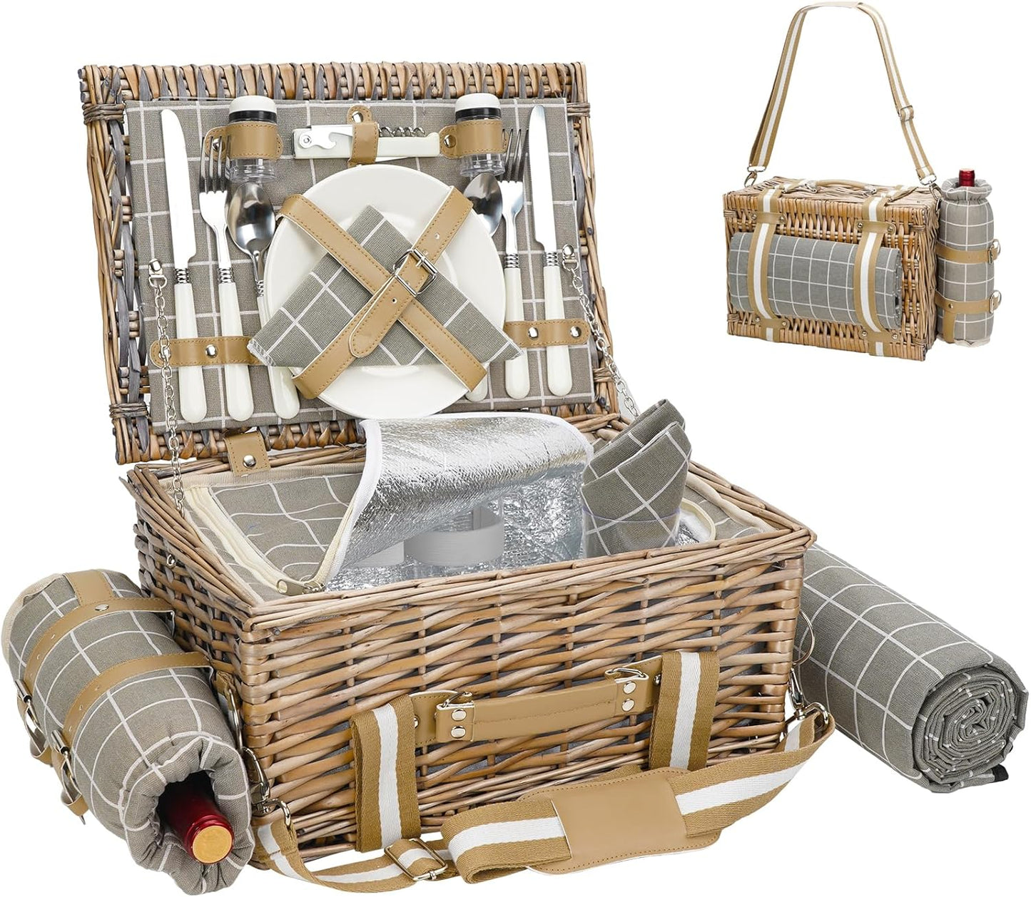 G GOOD GAIN Picnic Basket for 2-19Pcs Wicker Picnic Set with Waterproof Blanket & Wine Bag| Large Picnic Hamper with Insulated Cooler & Cutlery Kit for Couples Camping,White Flower