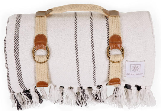 PICNIC TIME Montecito Picnic, Outdoor, and Beach Blanket with Harness, Montecito Picnic, Outdoor, and Beach Blanket with Harness, One Size, White & Blue Stripe