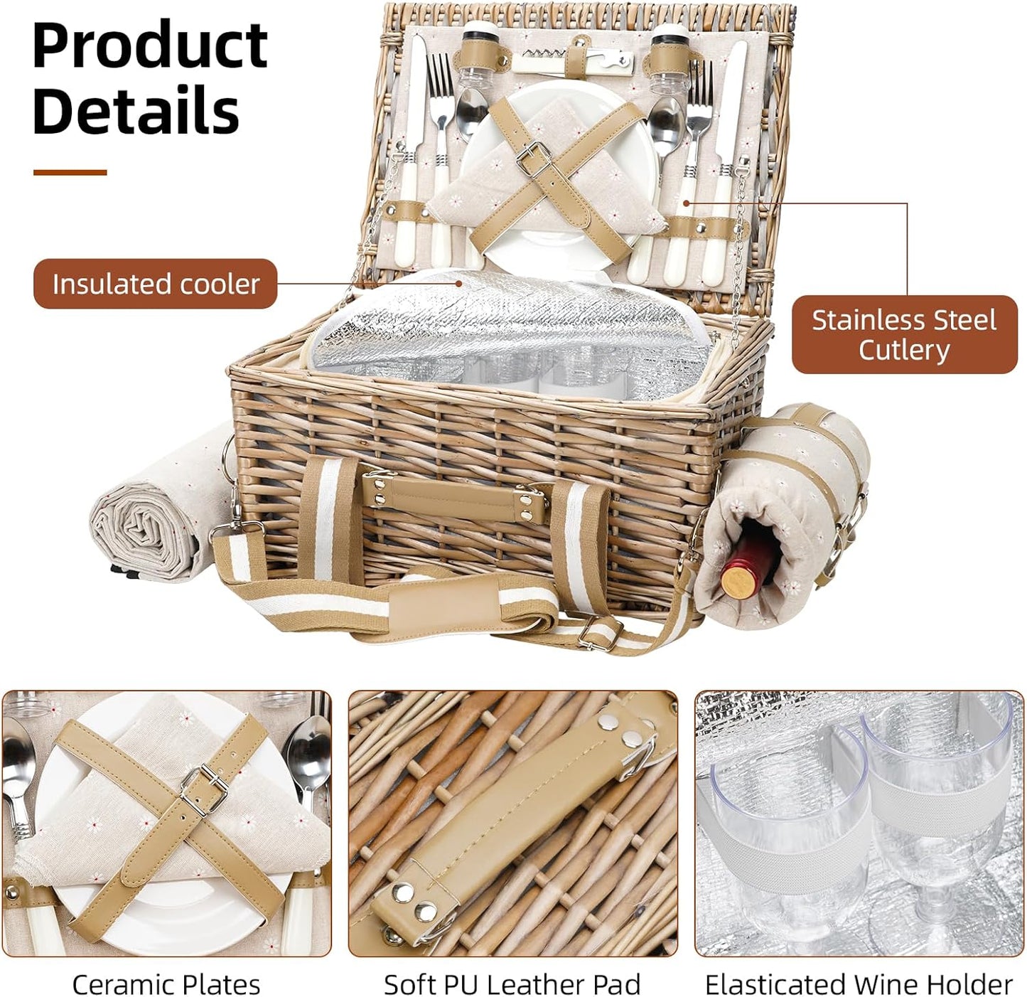 G GOOD GAIN Picnic Basket for 2-19Pcs Wicker Picnic Set with Waterproof Blanket & Wine Bag| Large Picnic Hamper with Insulated Cooler & Cutlery Kit for Couples Camping,White Flower