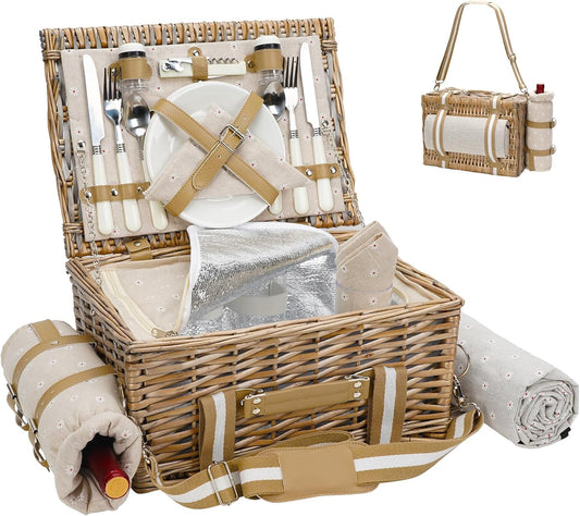 G GOOD GAIN Picnic Basket for 2-19Pcs Wicker Picnic Set with Waterproof Blanket & Wine Bag| Large Picnic Hamper with Insulated Cooler & Cutlery Kit for Couples Camping,White Flower