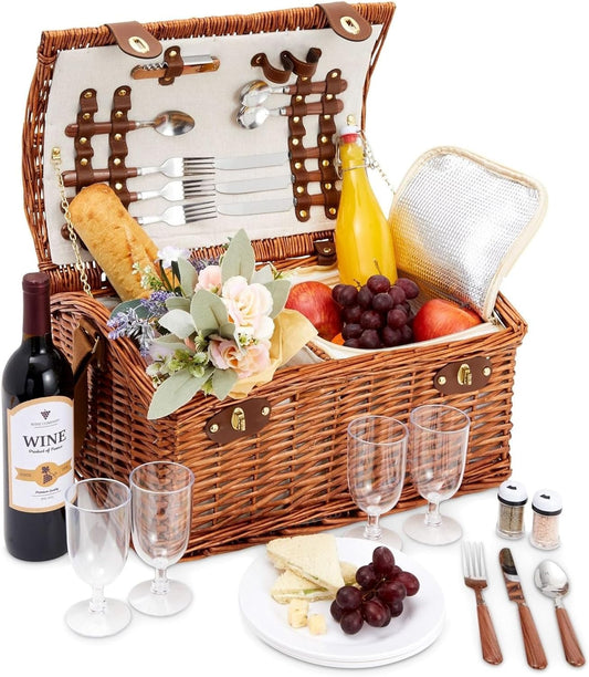 Juvale Picnic Basket for 4 People - 18.1 x 12.2 x 10.2 Inches, Brown, Classic - Complete Wicker Picnic Basket Set with Cooler Bag, Dishes, Utensils & Glasses