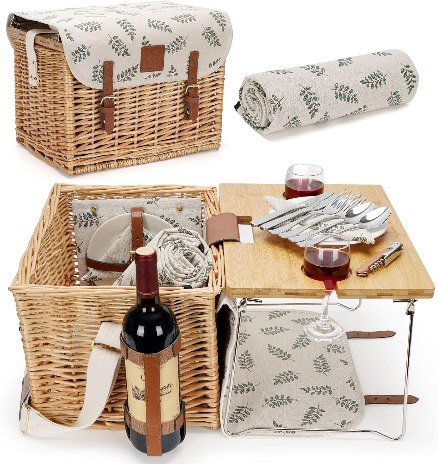 Wicker Picnic Basket for 4, 4 Person Picnic Kit, Willow Hamper Service Gift Set with Blanket Portable Bamboo Wine Snack Table for Camping and Outdoor Party