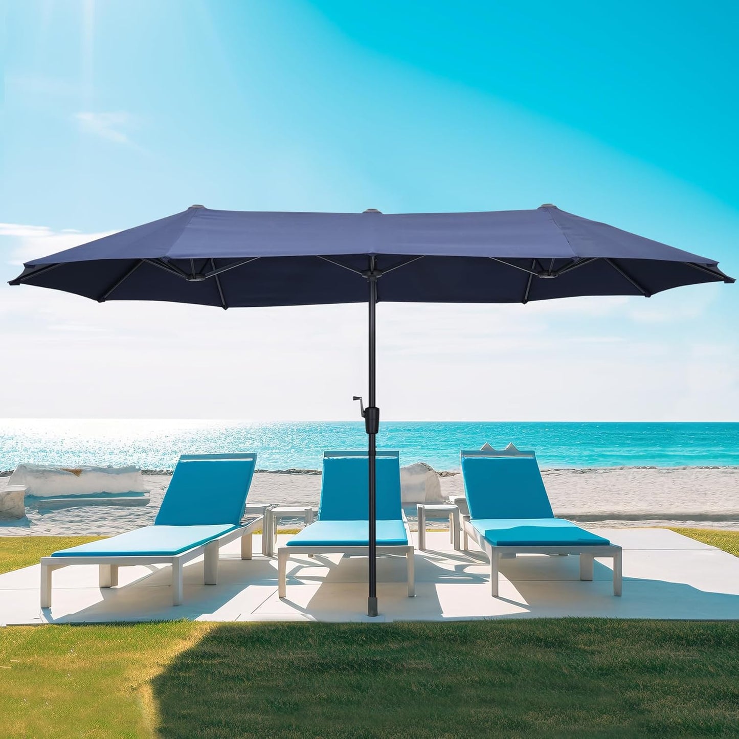 15FT Thatch Umbrella Tiki Bench umbrella With Base&Solar Lights, Sunshade Umbrella with Water-resistant for Bench, Patio,Pool