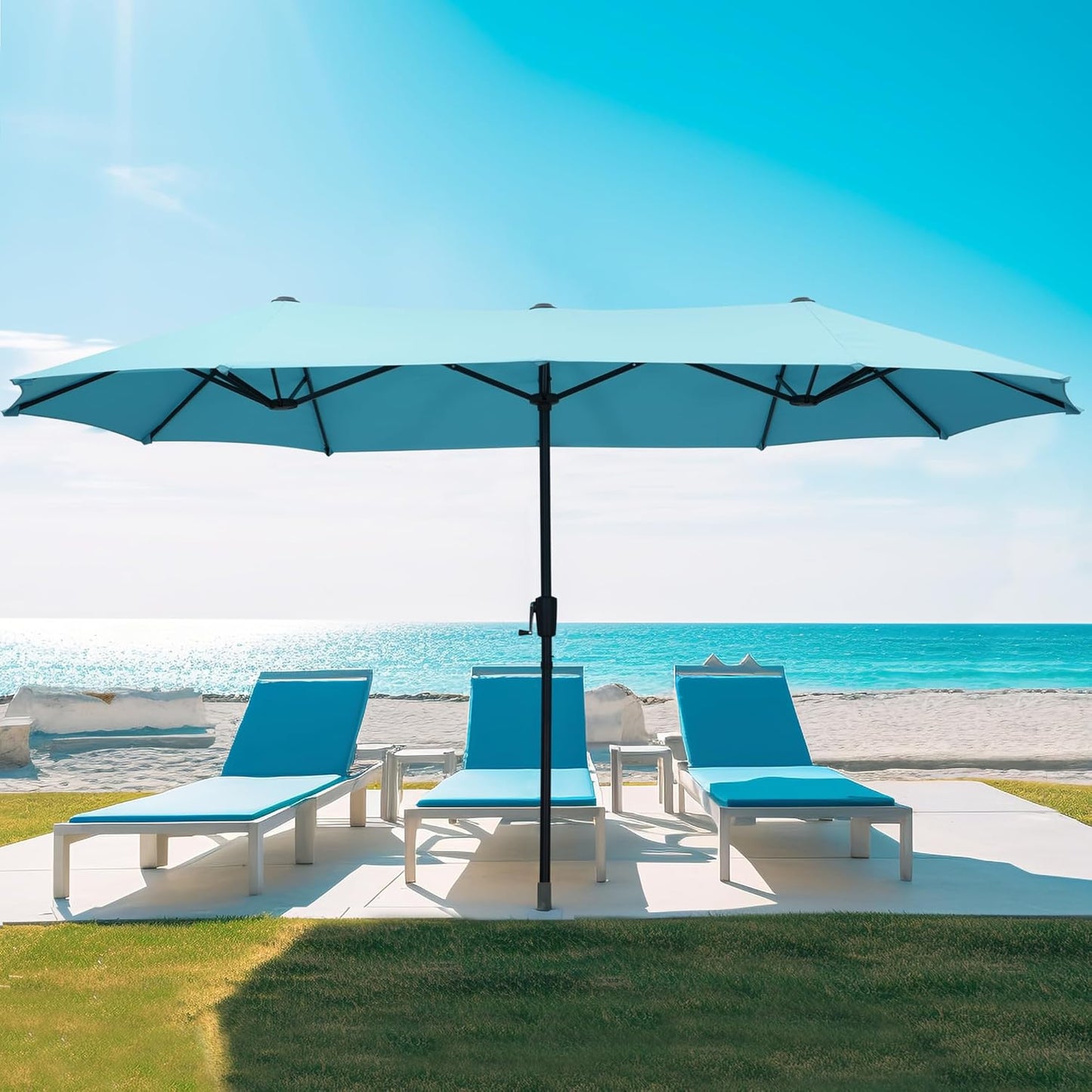 15FT Thatch Umbrella Tiki Bench umbrella With Base&Solar Lights, Sunshade Umbrella with Water-resistant for Bench, Patio,Pool