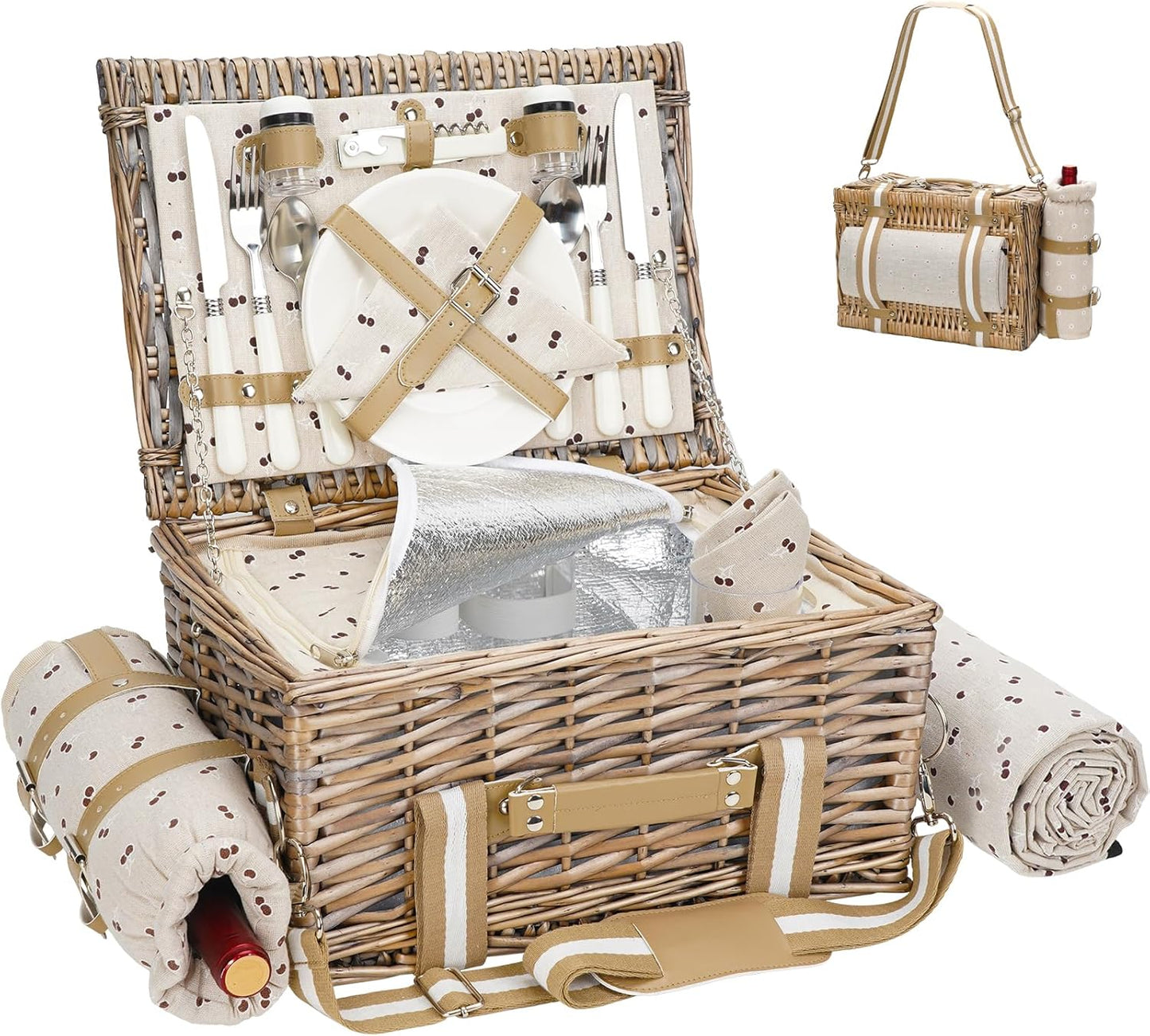 G GOOD GAIN Picnic Basket for 2-19Pcs Wicker Picnic Set with Waterproof Blanket & Wine Bag| Large Picnic Hamper with Insulated Cooler & Cutlery Kit for Couples Camping,White Flower