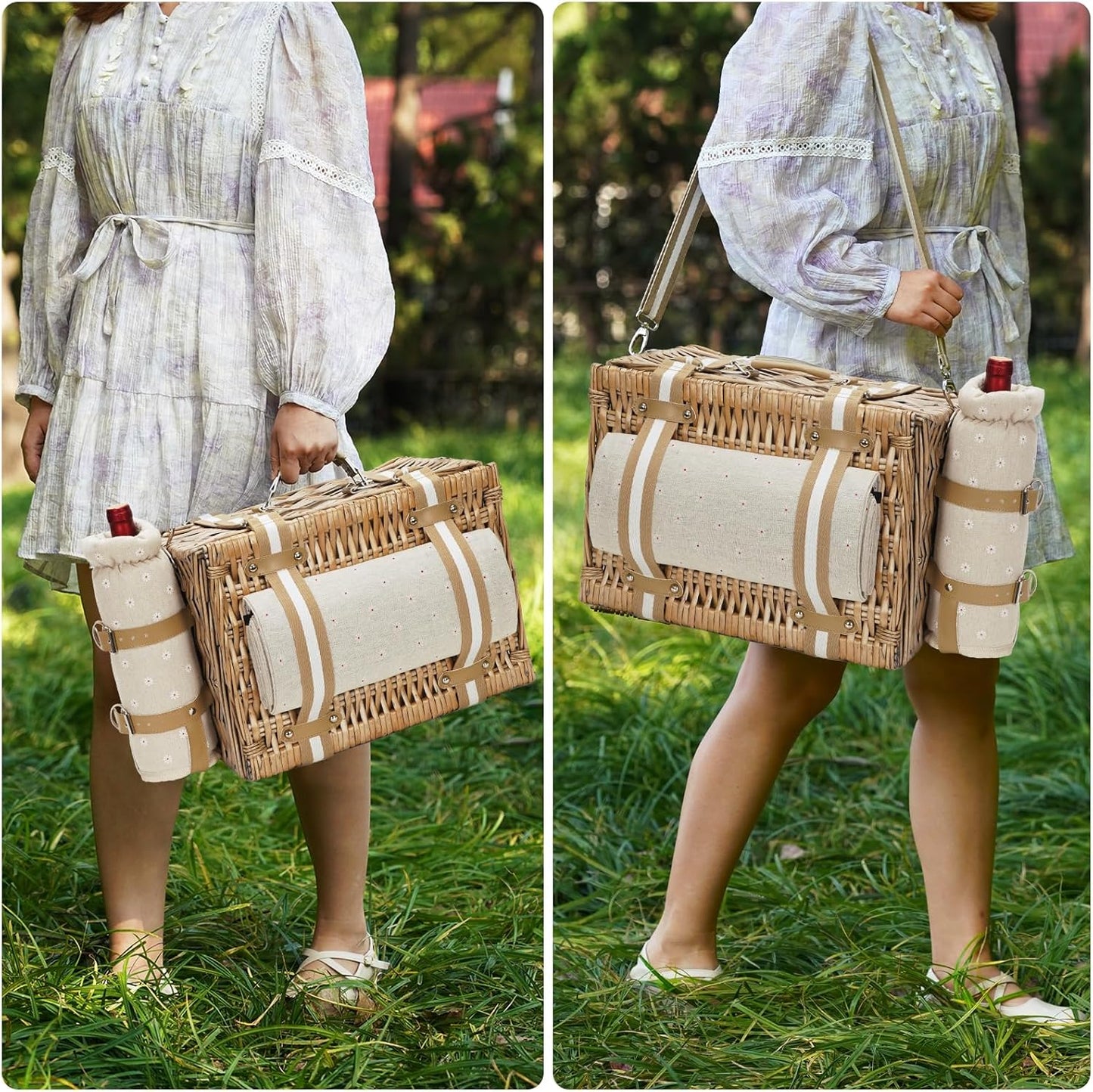 G GOOD GAIN Picnic Basket for 2-19Pcs Wicker Picnic Set with Waterproof Blanket & Wine Bag| Large Picnic Hamper with Insulated Cooler & Cutlery Kit for Couples Camping,White Flower