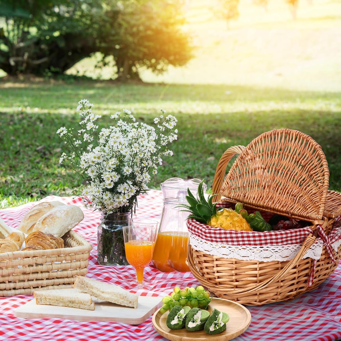 Picnic Basket with Blankets and Bamboo Plates Picnic Supplies Set Basket with Lid and Handle Wicker Picnic Basket Sturdy Woven Body with Washable Lining for Camping(Red)
