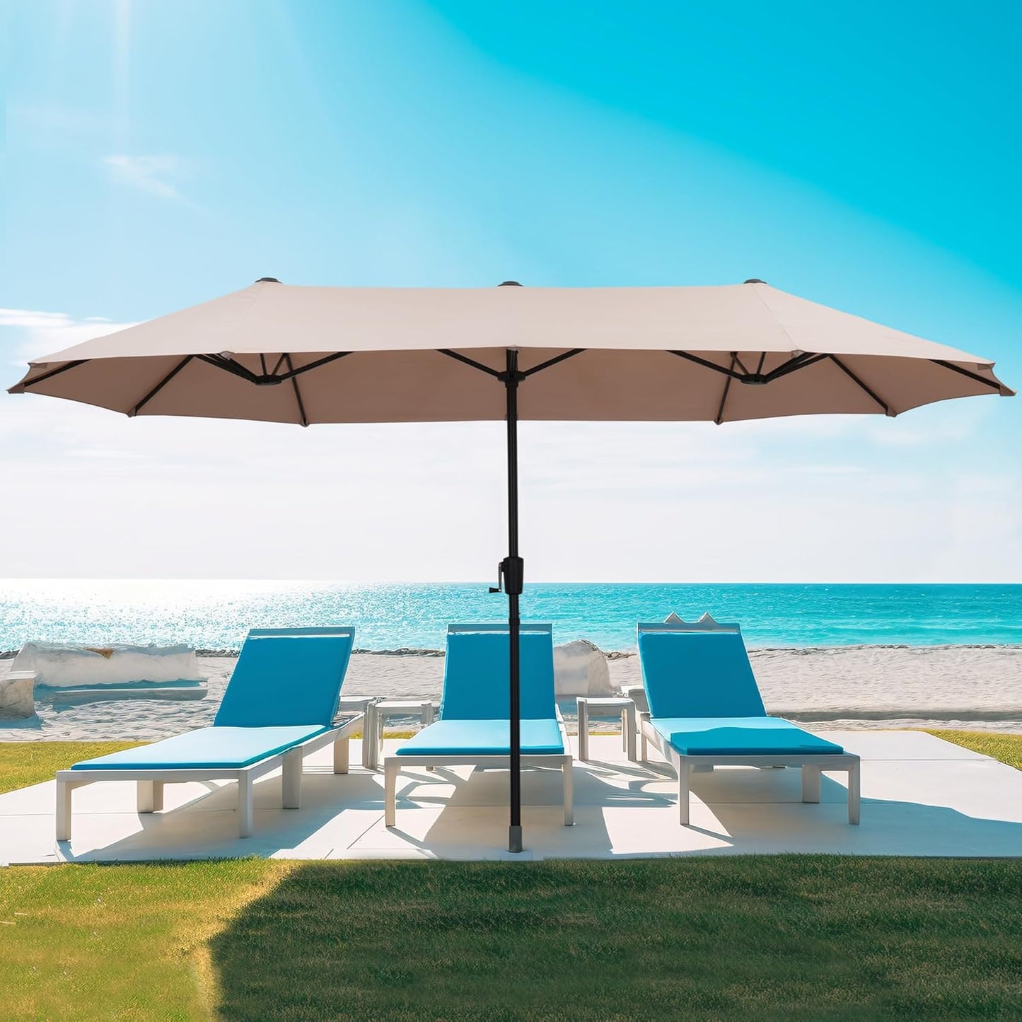 15FT Thatch Umbrella Tiki Bench umbrella With Base&Solar Lights, Sunshade Umbrella with Water-resistant for Bench, Patio,Pool