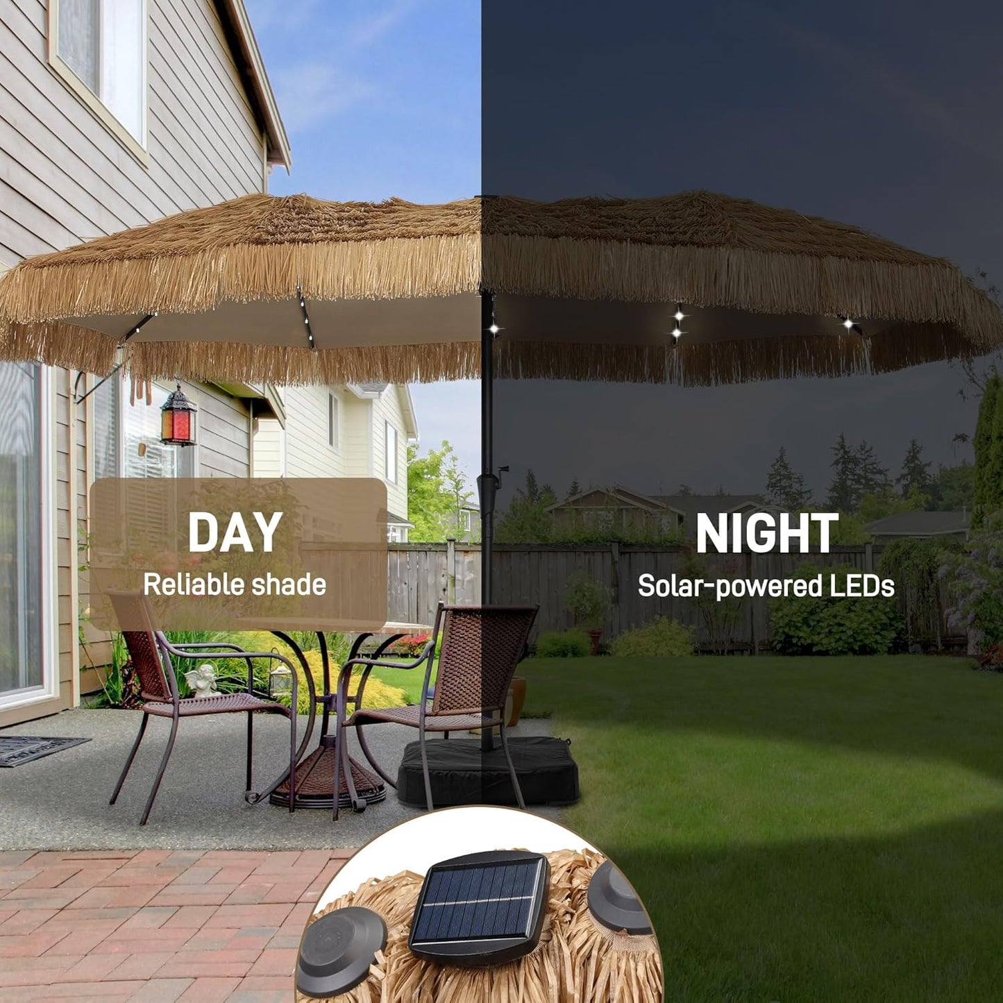 15FT Thatch Umbrella Tiki Bench umbrella With Base&Solar Lights, Sunshade Umbrella with Water-resistant for Bench, Patio,Pool