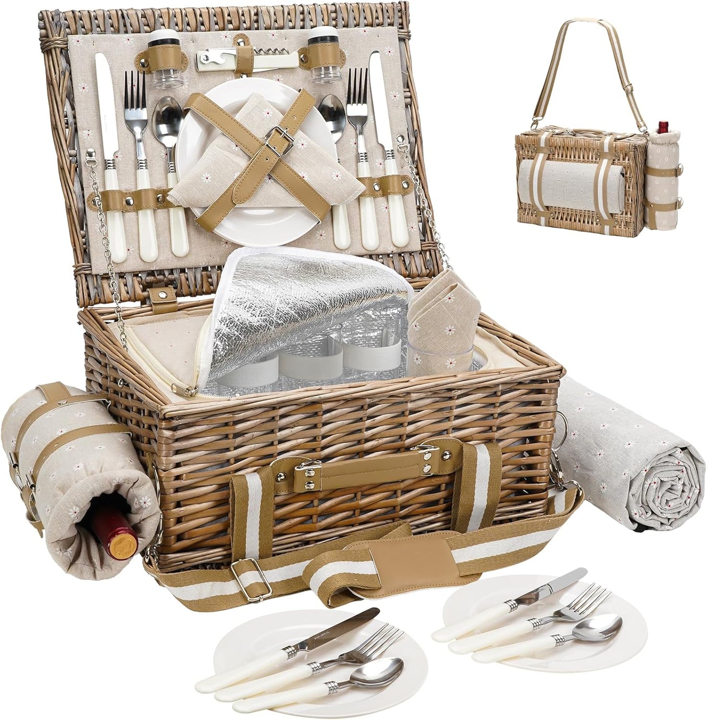 G GOOD GAIN Picnic Basket for 2-19Pcs Wicker Picnic Set with Waterproof Blanket & Wine Bag| Large Picnic Hamper with Insulated Cooler & Cutlery Kit for Couples Camping,White Flower