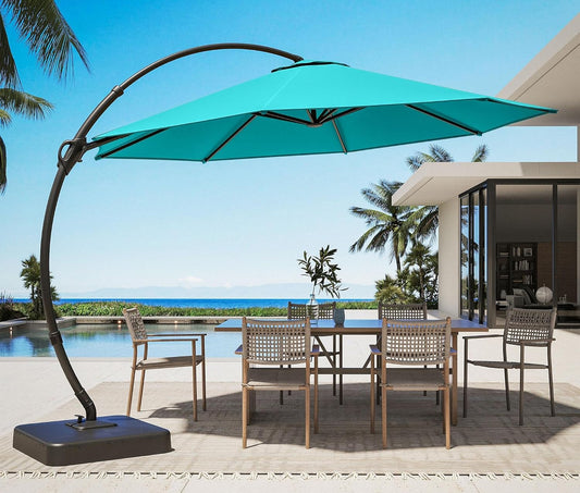 LAUSAINT HOME Deluxe Curvy Patio Umbrella with Base Included, 11ft Large Cantilever Offset Hanging Umbrella Sun Shade with 360° Rotation for Pool, Deck, Lawn, Aluminum (Turquoise Blue)