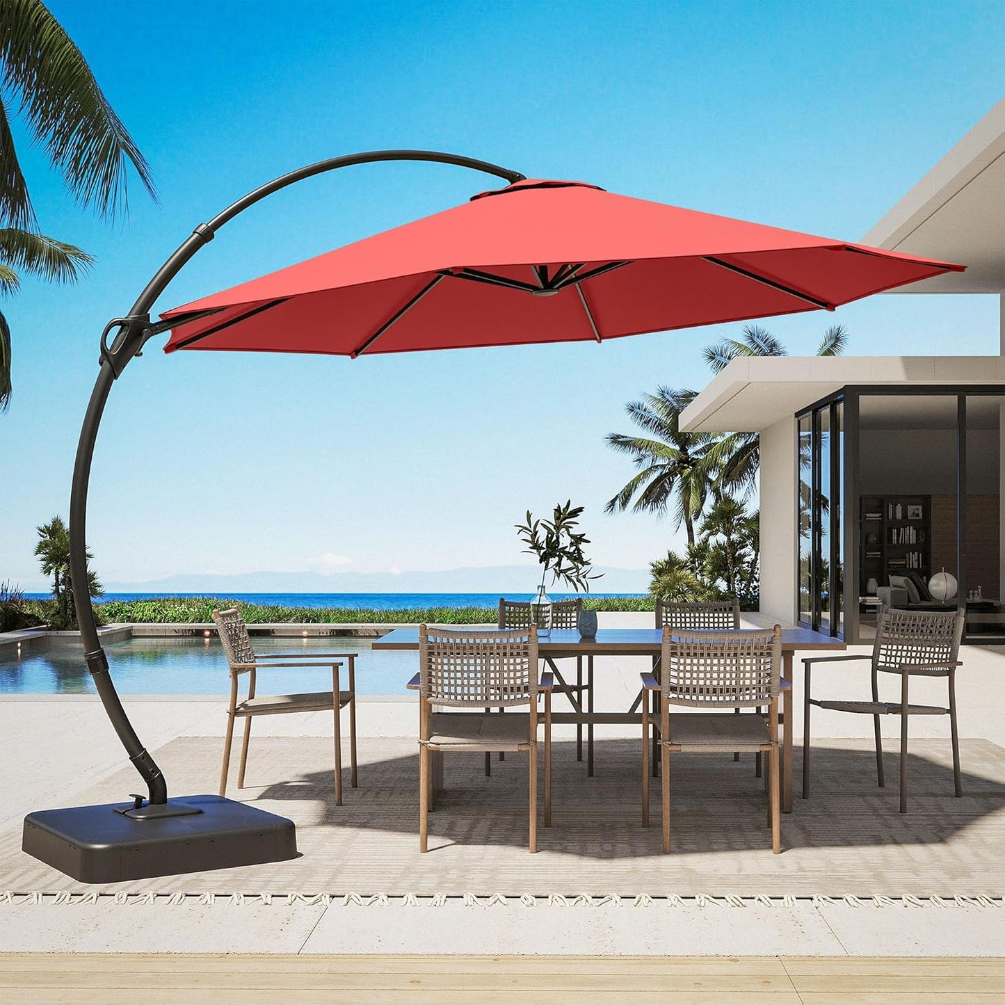LAUSAINT HOME Deluxe Curvy Patio Umbrella with Base Included, 11ft Large Cantilever Offset Hanging Umbrella Sun Shade with 360° Rotation for Pool, Deck, Lawn, Aluminum (Turquoise Blue)