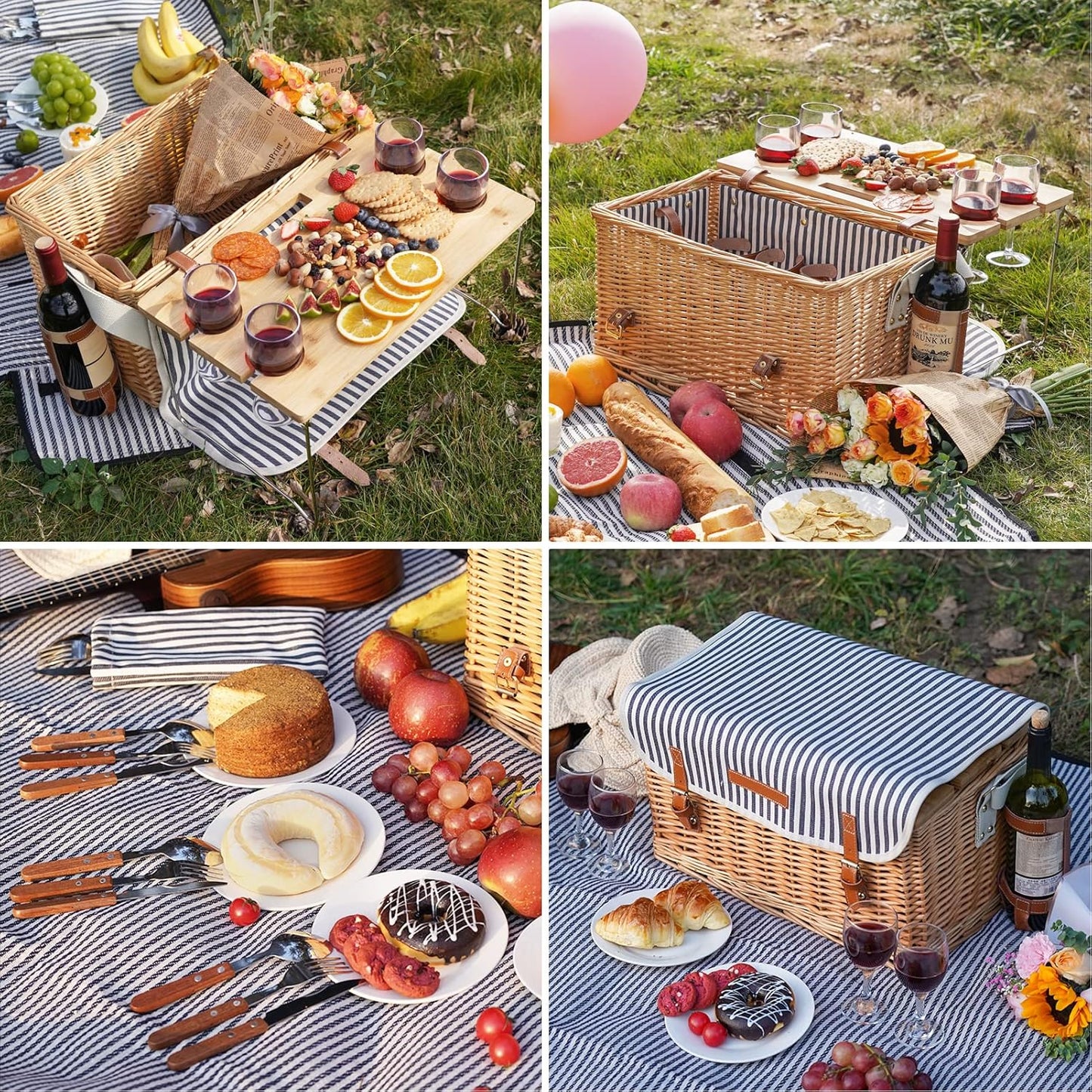 Wicker Picnic Basket for 4, 4 Person Picnic Kit, Willow Hamper Service Gift Set with Blanket Portable Bamboo Wine Snack Table for Camping and Outdoor Party