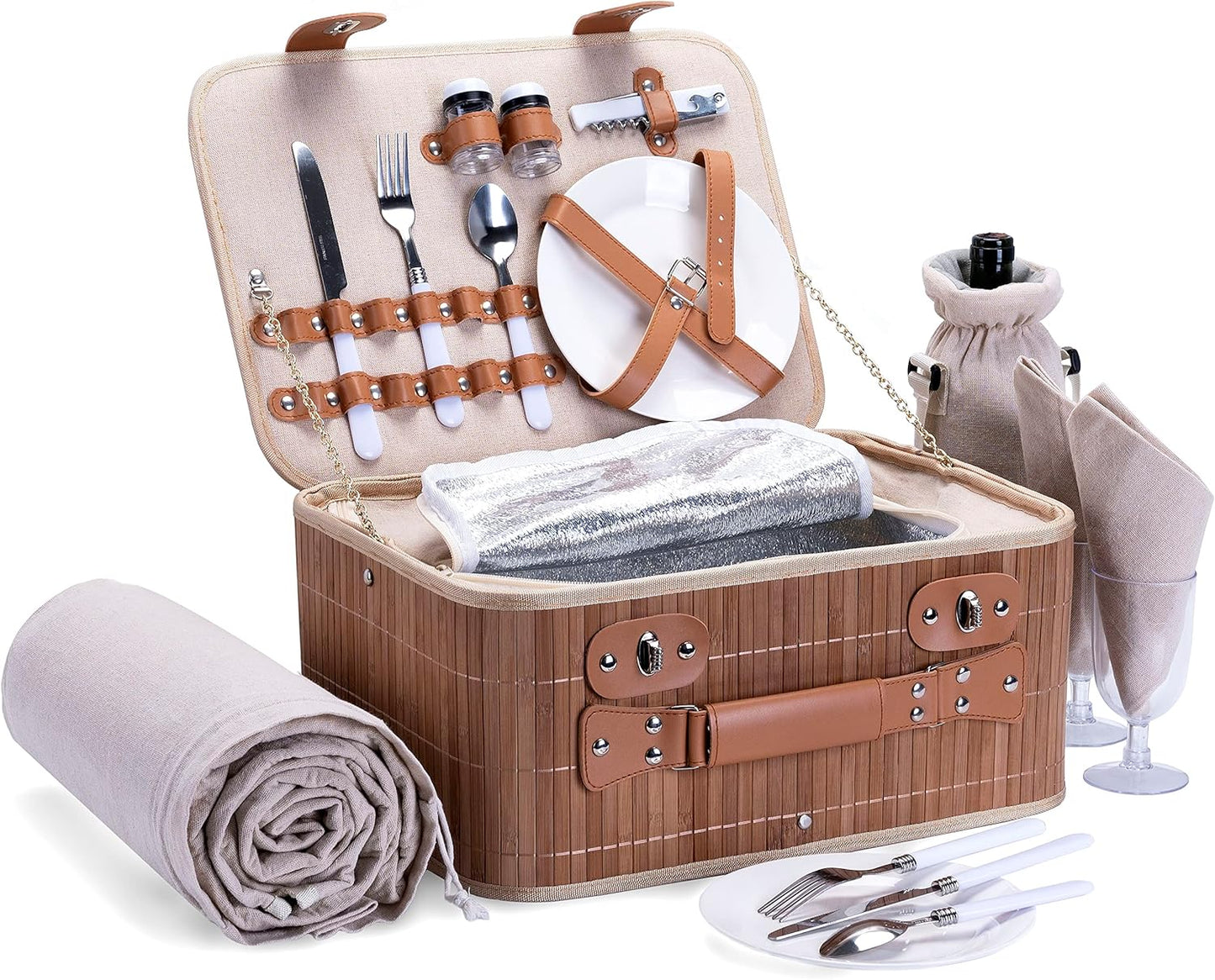 Multifunctional Wicker Picnic Basket Set for 4 with Blanket and Picnic Table, Insulated Picnic Set with Full Tablewares for Camping Outdoor Couples, Flowers