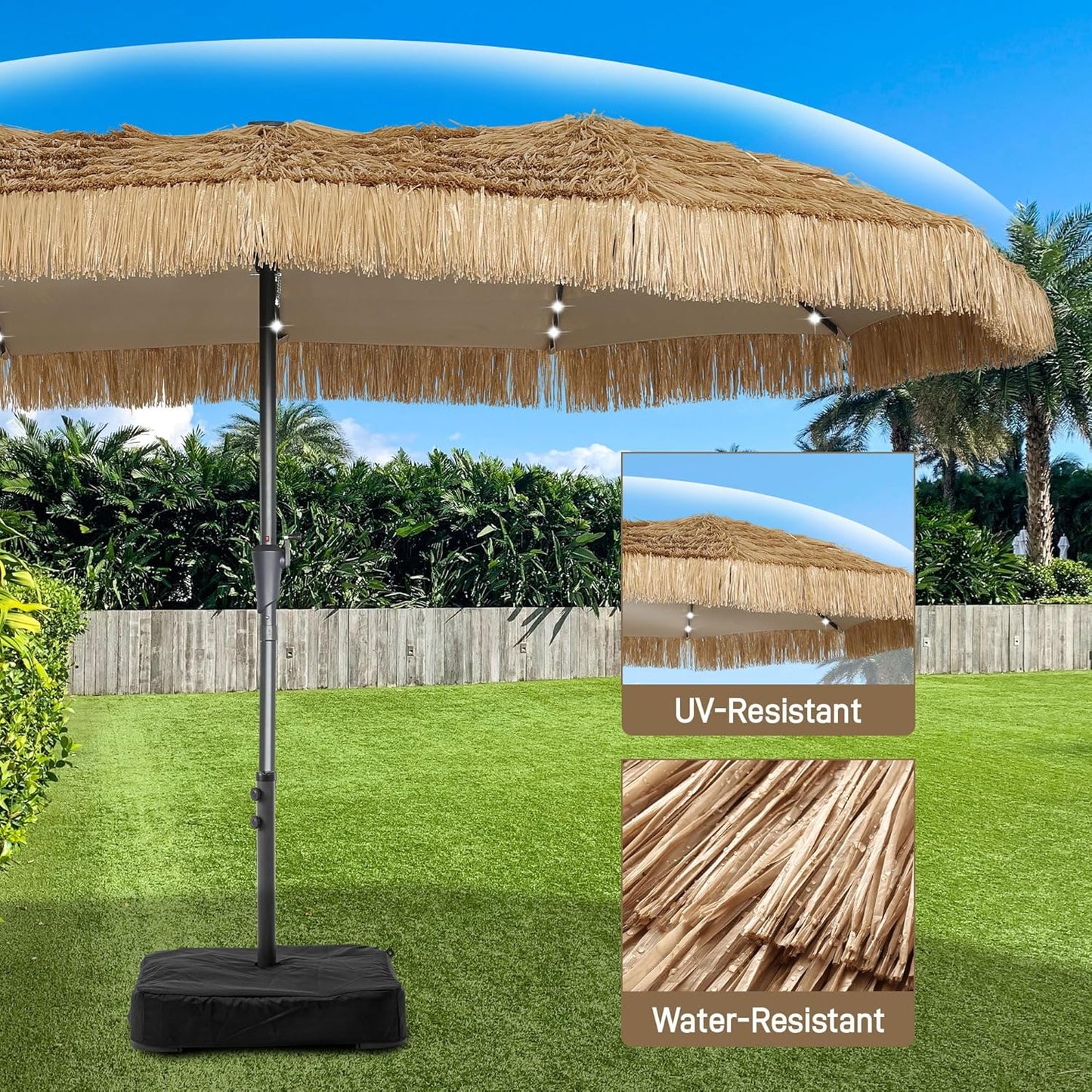 15FT Thatch Umbrella Tiki Bench umbrella With Base&Solar Lights, Sunshade Umbrella with Water-resistant for Bench, Patio,Pool