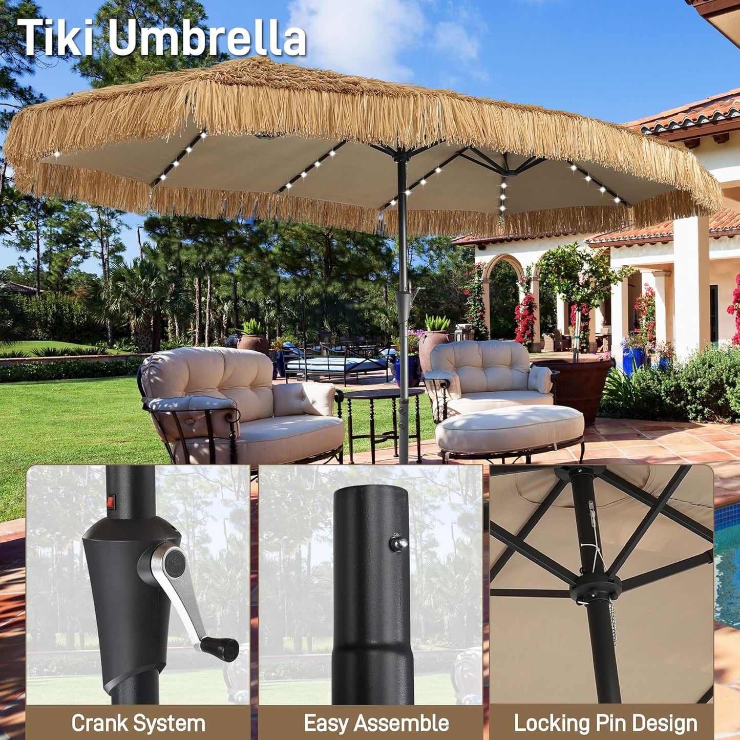 15FT Thatch Umbrella Tiki Bench umbrella With Base&Solar Lights, Sunshade Umbrella with Water-resistant for Bench, Patio,Pool